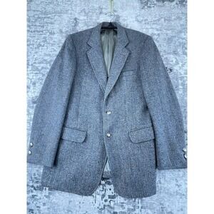 Vtg Fashion Bar Harris Tweed‎ Mens Blazer Blue Herringbone Wool Sport Coat USA